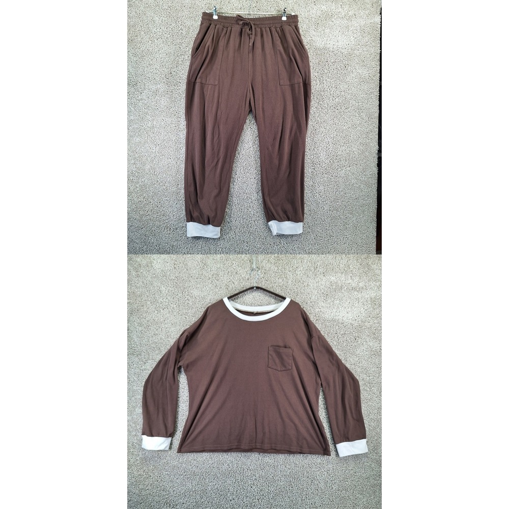 Unbranded Pajama Set Women 2XL Brown Lounge Set Long Sleeve Joggers Comfy